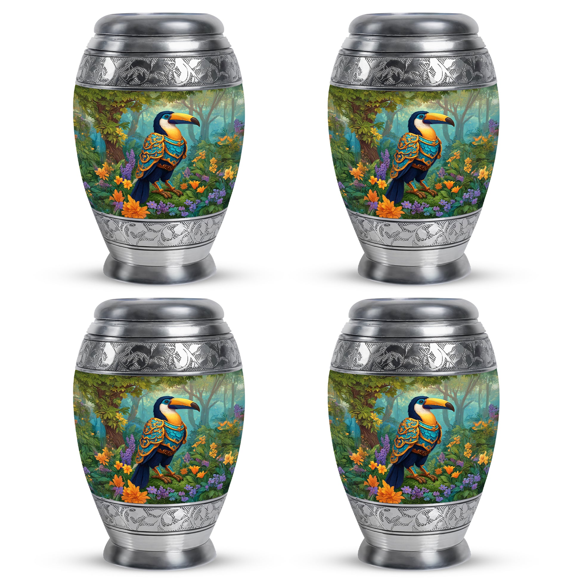 Honey Yellow Hornbill Cremation Urn urn with complimentary velvet bag - royal hornbill engraving with decorative scrollwork - 10 inch aluminum urn for cremated remains