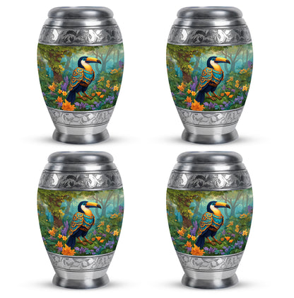 Honey Yellow Hornbill Cremation Urn urn with complimentary velvet bag - royal hornbill engraving with decorative scrollwork - 10 inch aluminum urn for cremated remains