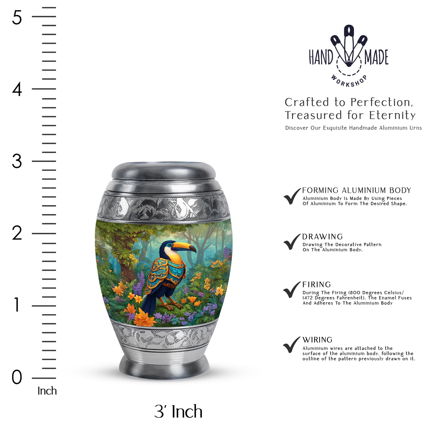 Golden Yellow Hornbill Cremation Urn lifestyle display on memorial shelf - ornate monarch-style hornbill relief on brushed aluminum - mini keepsake memorial for portion of cremation ashes