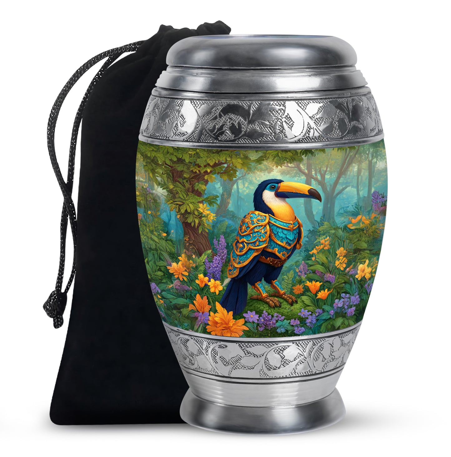 Sunshine Yellow Hornbill Cremation Urn back view with polished surface - majestic hornbill pattern with filigree border - full-size 10 inch 200 cubic inch adult cremation urn