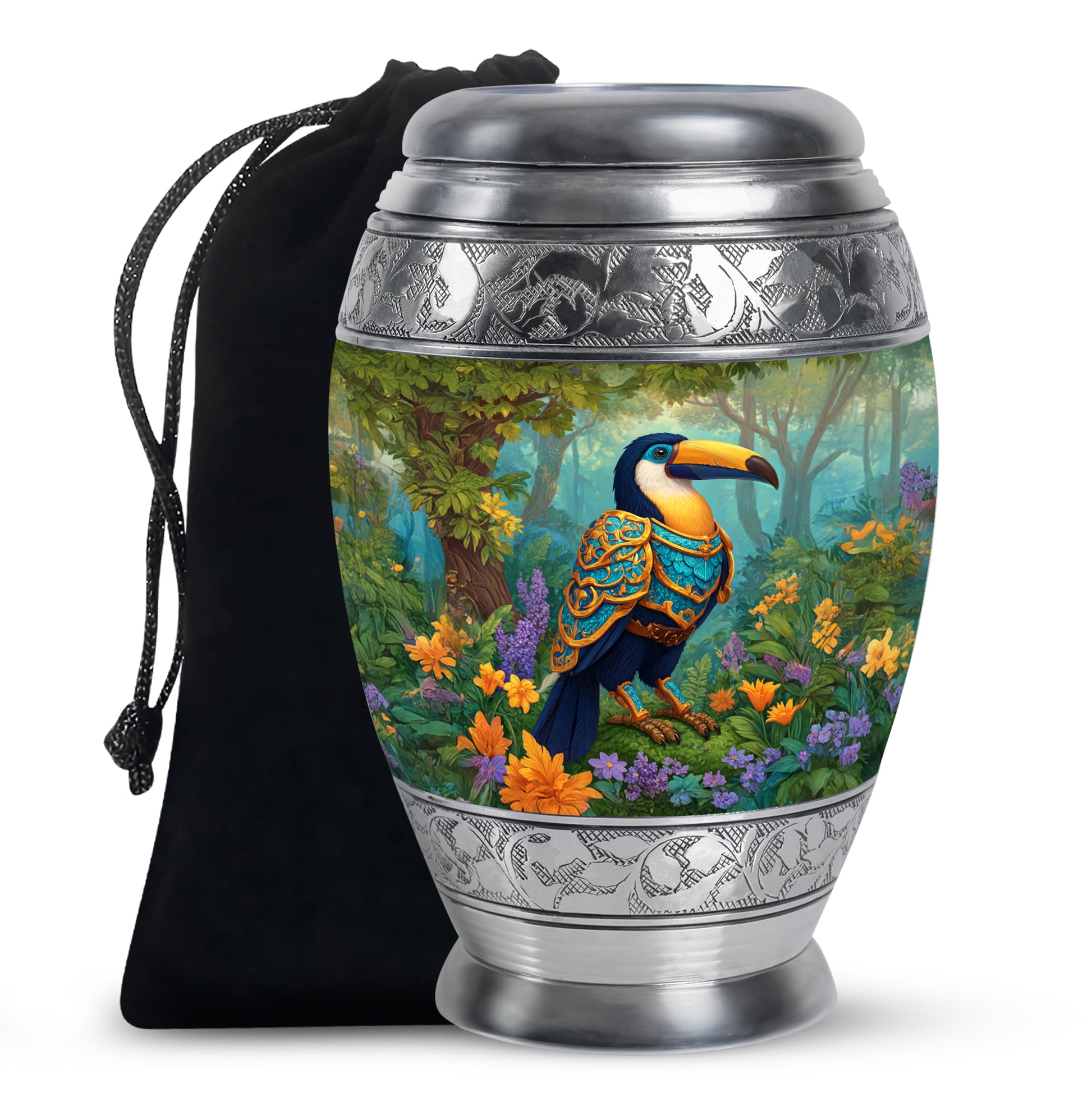 Sunshine Yellow Hornbill Cremation Urn back view with polished surface - majestic hornbill pattern with filigree border - full-size 10 inch 200 cubic inch adult cremation urn