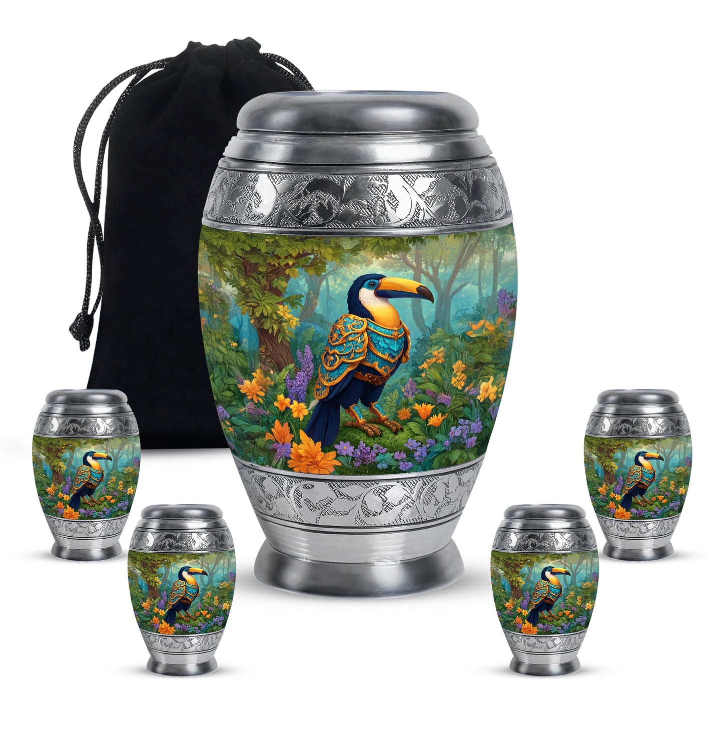 Soft Yellow Hornbill Cremation Urn detail view - royal hornbill engraving with decorative scrollwork - memorial set with one large and four small urns
