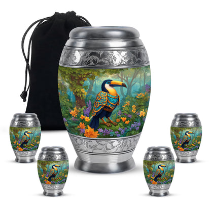 Soft Yellow Hornbill Cremation Urn detail view - royal hornbill engraving with decorative scrollwork - memorial set with one large and four small urns