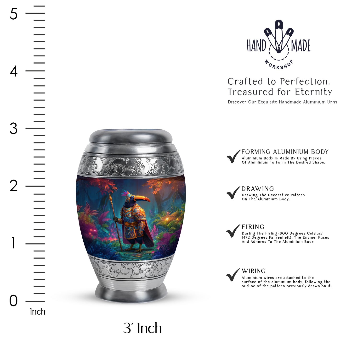 Soft Pink Hornbill Cremation Urn lifestyle display on memorial shelf - royal hornbill engraving with decorative scrollwork - mini keepsake memorial for portion of cremation ashes