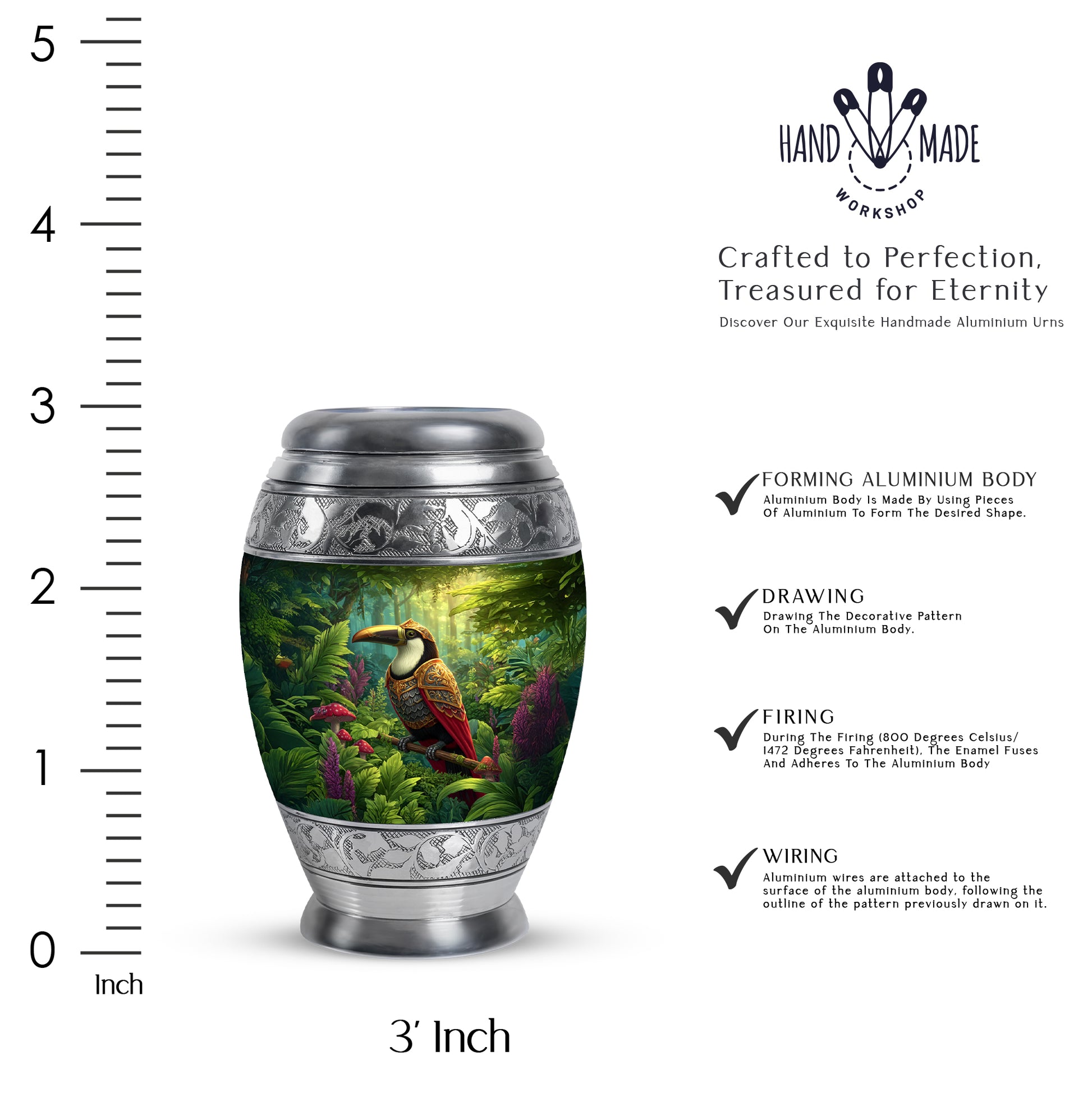 Soft Yellow Hornbill Cremation Urn lifestyle display on memorial shelf - royal hornbill engraving with decorative scrollwork - mini keepsake memorial for portion of cremation ashes