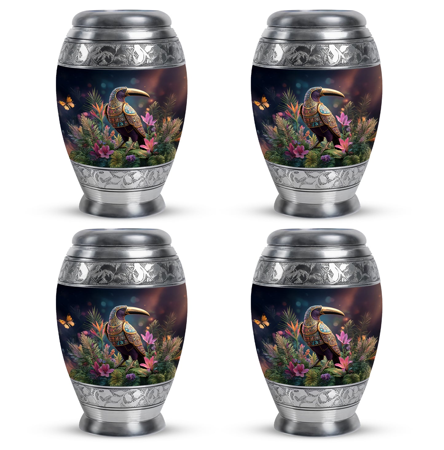 Charcoal Black Hornbill Cremation Urn urn with complimentary velvet bag - majestic hornbill pattern with filigree border - 10 inch aluminum urn for cremated remains