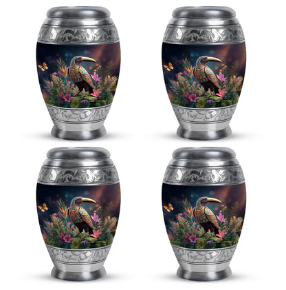 Charcoal Black Hornbill Cremation Urn urn with complimentary velvet bag - majestic hornbill pattern with filigree border - 10 inch aluminum urn for cremated remains