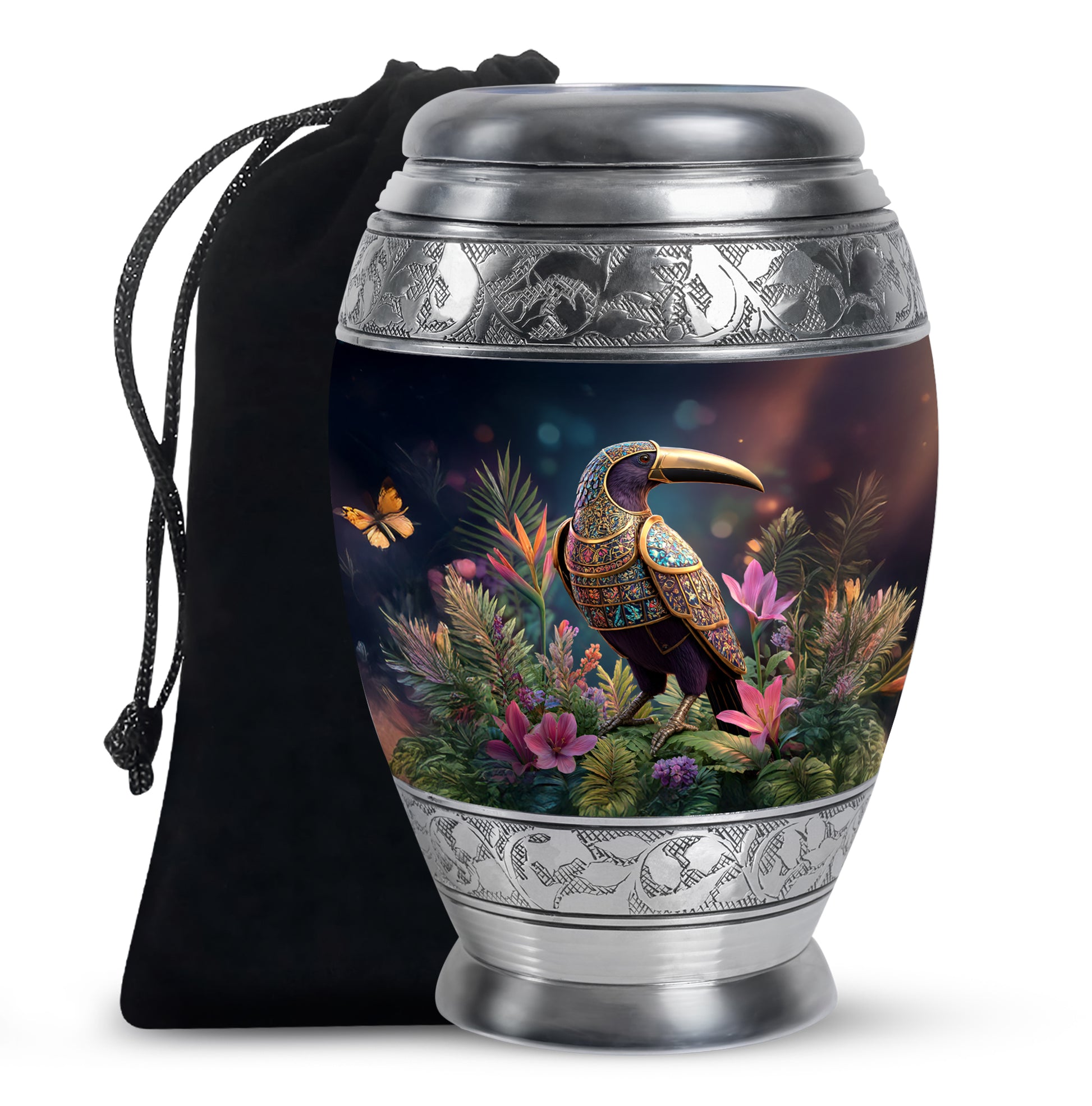Dark Black Hornbill Cremation Urn back view with polished surface - royal hornbill engraving with decorative scrollwork - full-size 10 inch 200 cubic inch adult cremation urn