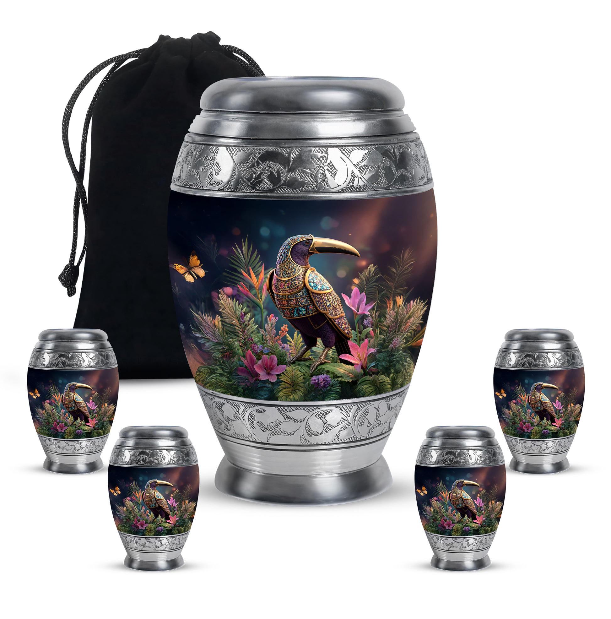 Charcoal Black Hornbill Cremation Urn detail view - royal hornbill engraving with decorative scrollwork - memorial set with one large and four small urns