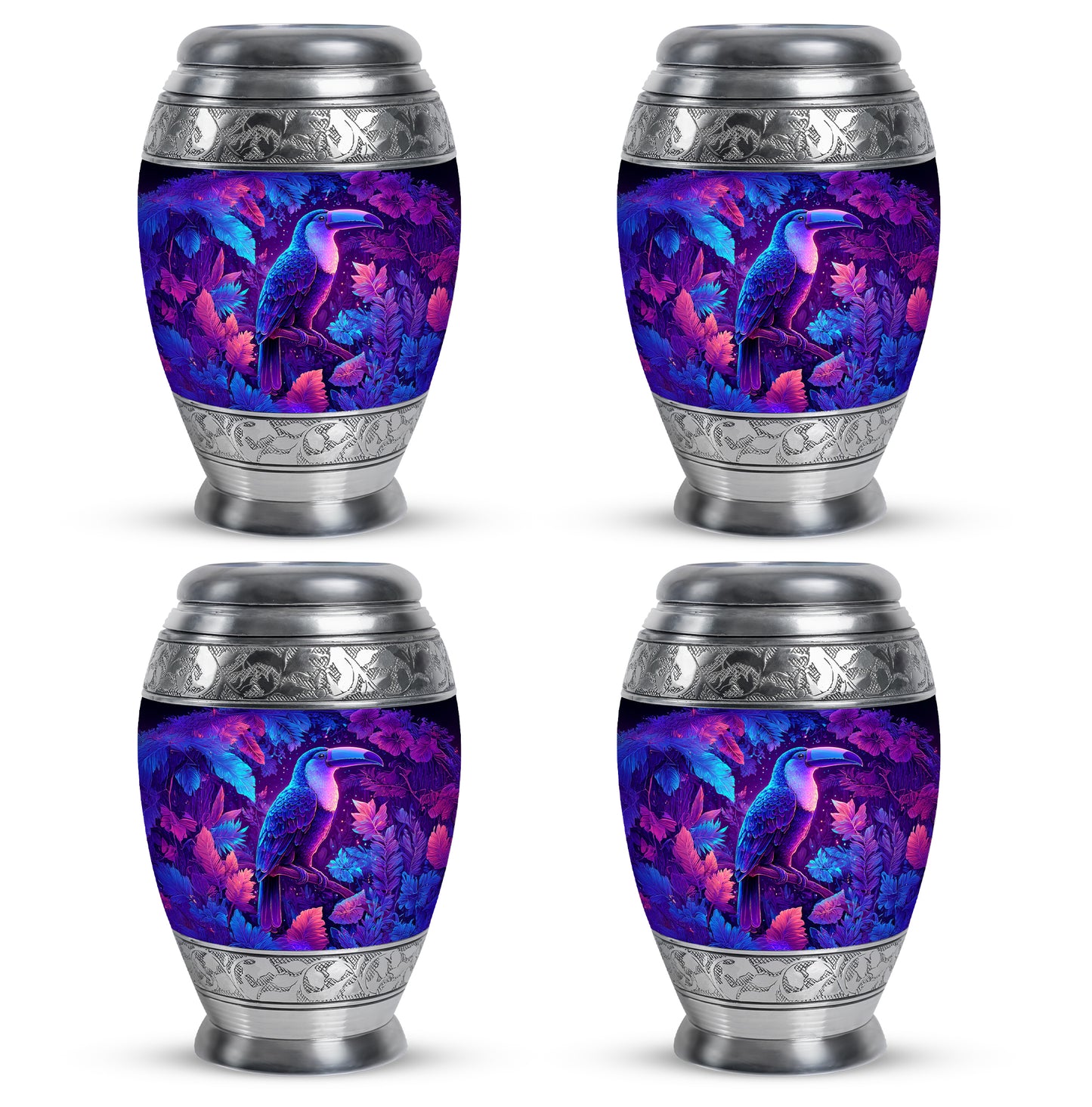 Royal Blue Hornbill Cremation Urn urn with complimentary velvet bag - royal hornbill engraving with decorative scrollwork - 10 inch aluminum urn for cremated remains