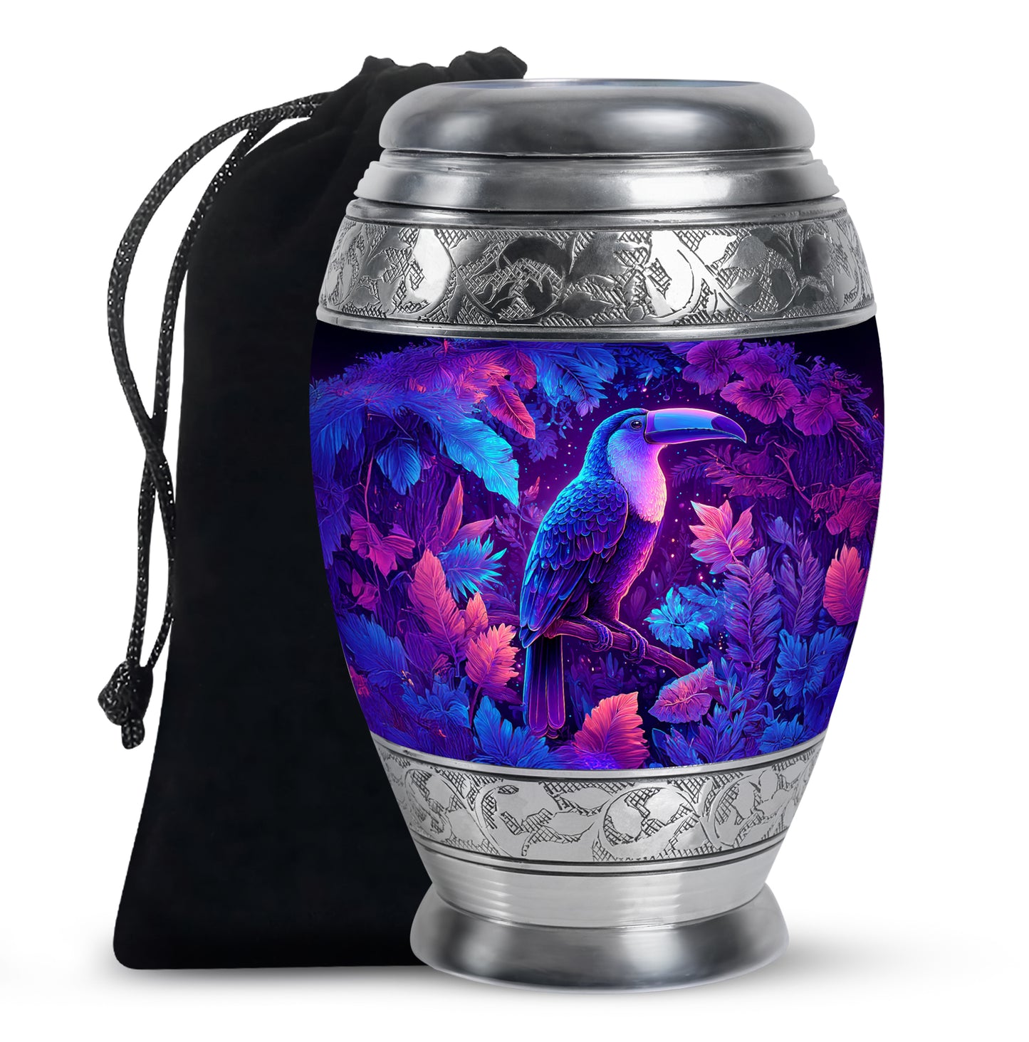 Sky Blue Hornbill Cremation Urn back view with polished surface - ornate monarch-style hornbill relief on brushed aluminum - full-size 10 inch 200 cubic inch adult cremation urn