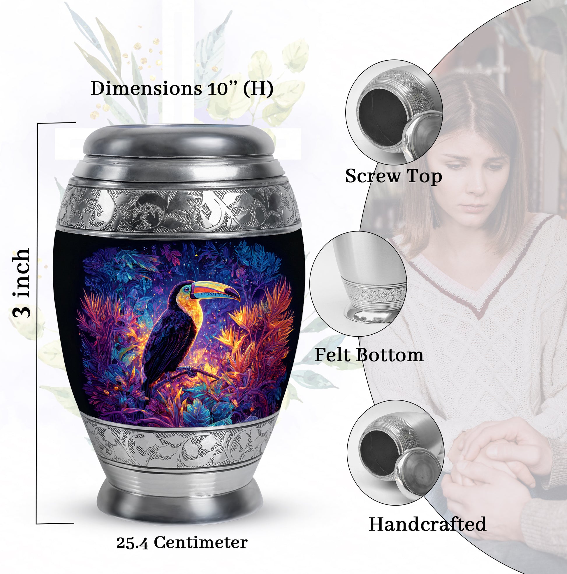 Royal Blue Hornbill Cremation Urn lifestyle display on memorial shelf - majestic hornbill pattern with filigree border - mini keepsake memorial for portion of cremation ashes