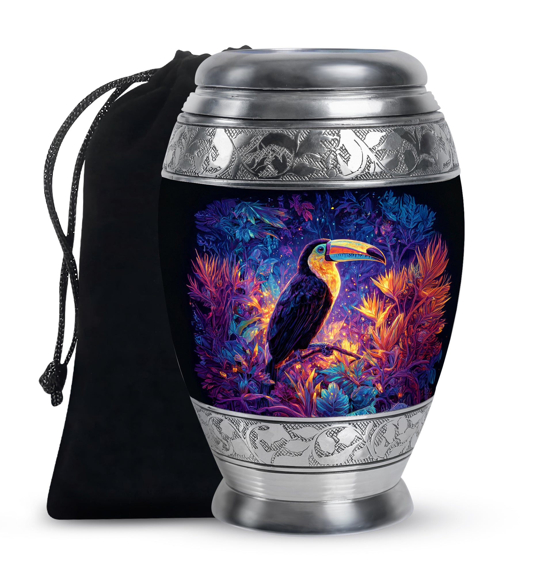 Cobalt Blue Hornbill Cremation Urn back view with polished surface - majestic hornbill pattern with filigree border - full-size 10 inch 200 cubic inch adult cremation urn