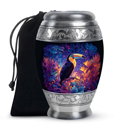 Cobalt Blue Hornbill Cremation Urn back view with polished surface - majestic hornbill pattern with filigree border - full-size 10 inch 200 cubic inch adult cremation urn