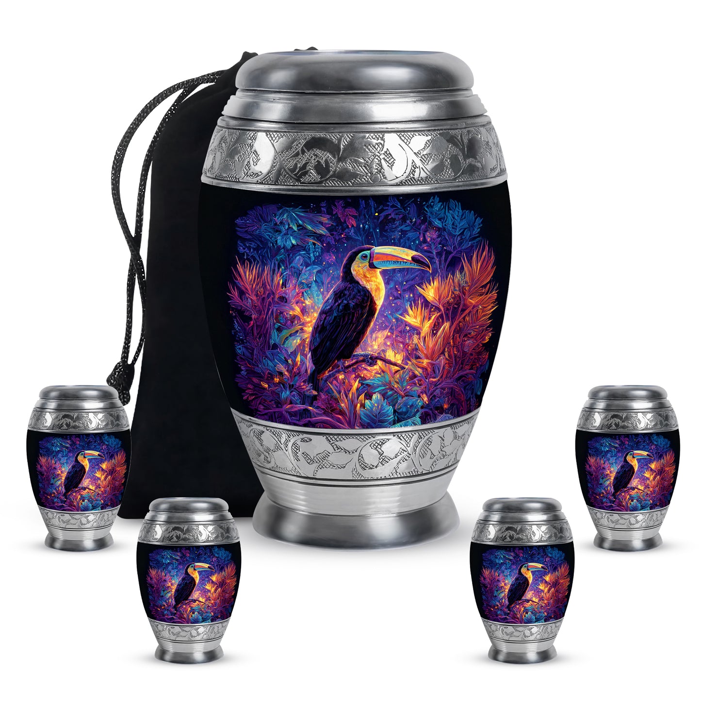 Calming Blue Hornbill Cremation Urn detail view - royal hornbill engraving with decorative scrollwork - memorial set with one large and four small urns
