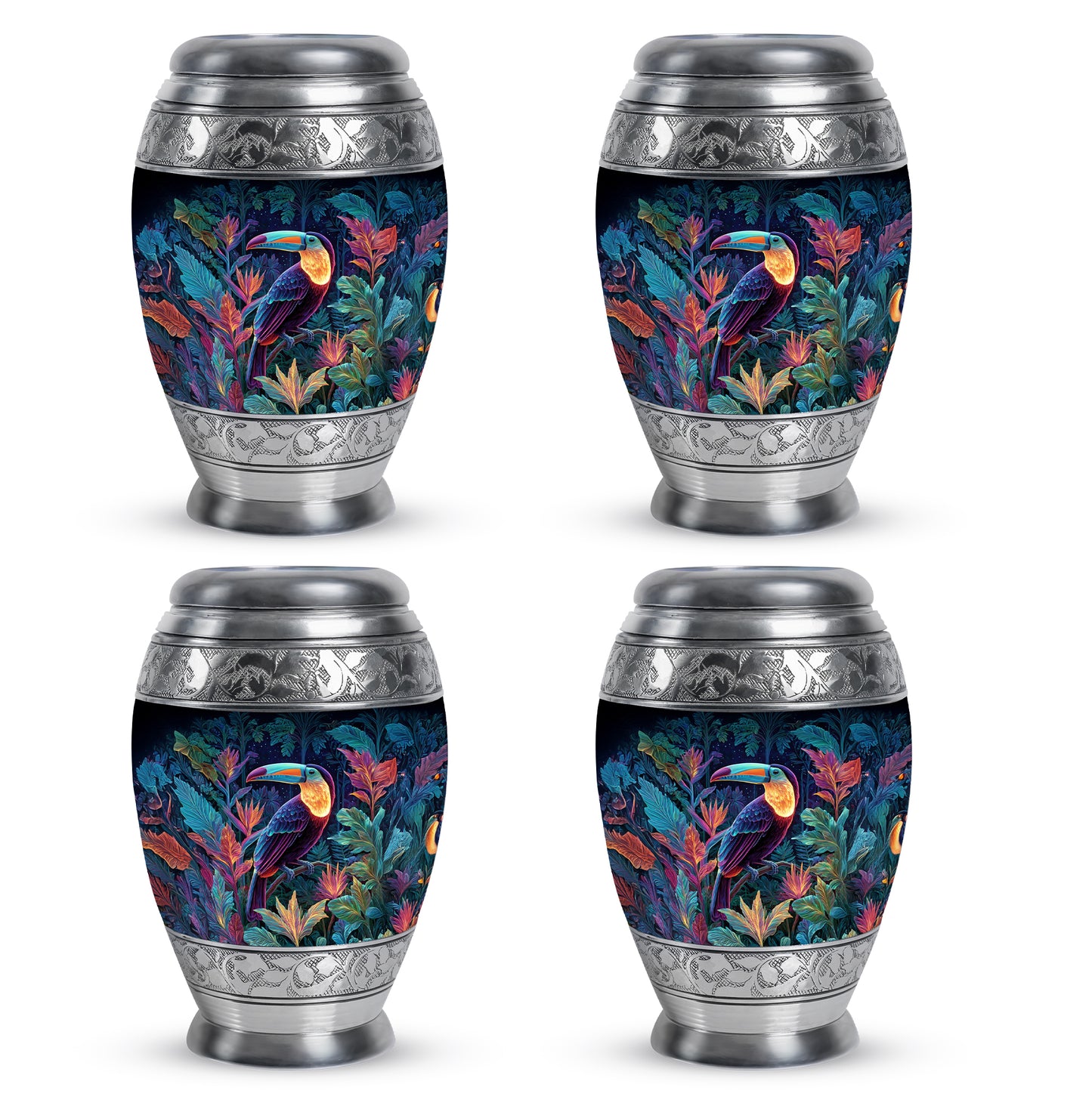 Vivid Blue Hornbill Cremation Urn urn with complimentary velvet bag - majestic hornbill pattern with filigree border - 10 inch aluminum urn for cremated remains