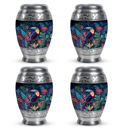 Vivid Blue Hornbill Cremation Urn urn with complimentary velvet bag - majestic hornbill pattern with filigree border - 10 inch aluminum urn for cremated remains