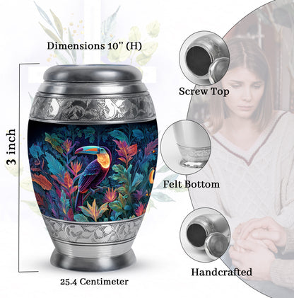 Dusty Blue Hornbill Cremation Urn lifestyle display on memorial shelf - regal hornbill design with crown-inspired accents - mini keepsake memorial for portion of cremation ashes