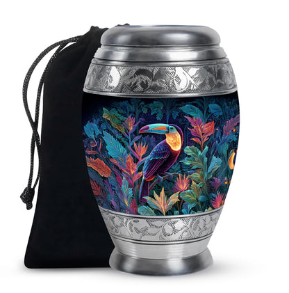 Celestial Blue Hornbill Cremation Urn back view with polished surface - regal hornbill design with crown-inspired accents - full-size 10 inch 200 cubic inch adult cremation urn