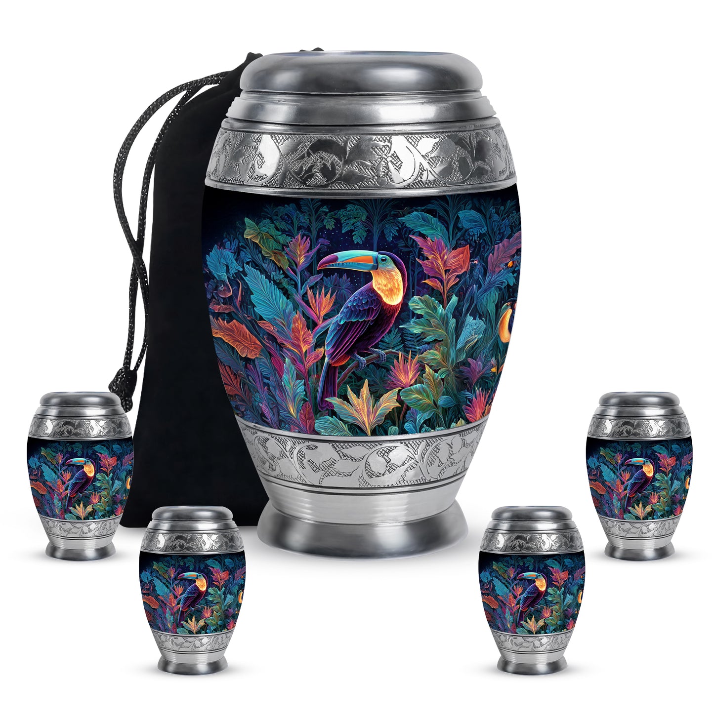 Celestial Blue Hornbill Cremation Urn detail view - regal hornbill design with crown-inspired accents - memorial set with one large and four small urns