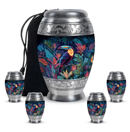 Celestial Blue Hornbill Cremation Urn detail view - regal hornbill design with crown-inspired accents - memorial set with one large and four small urns