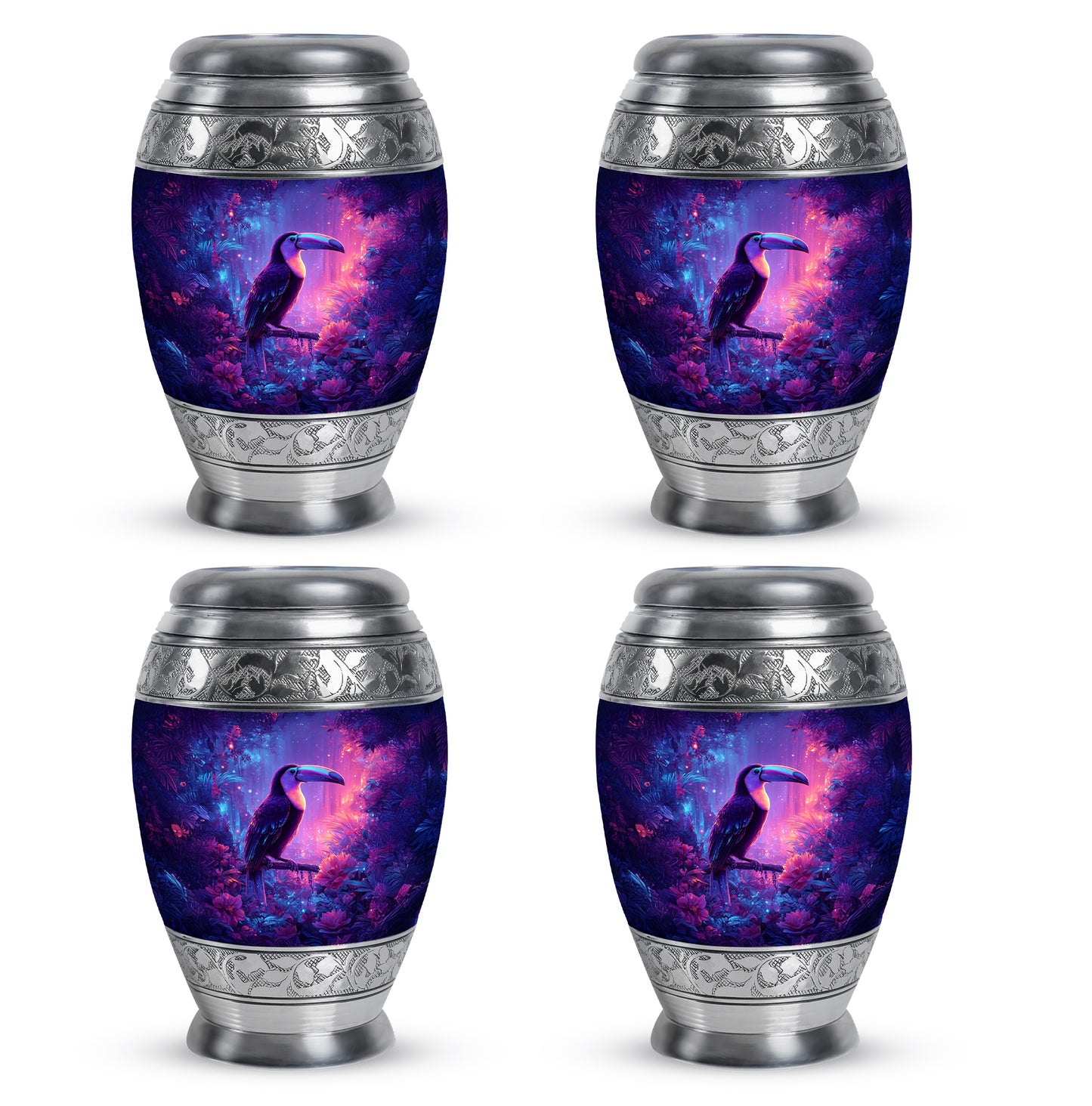 Cornflower Blue Hornbill Cremation Urn urn with complimentary velvet bag - majestic hornbill pattern with filigree border - 10 inch aluminum urn for cremated remains