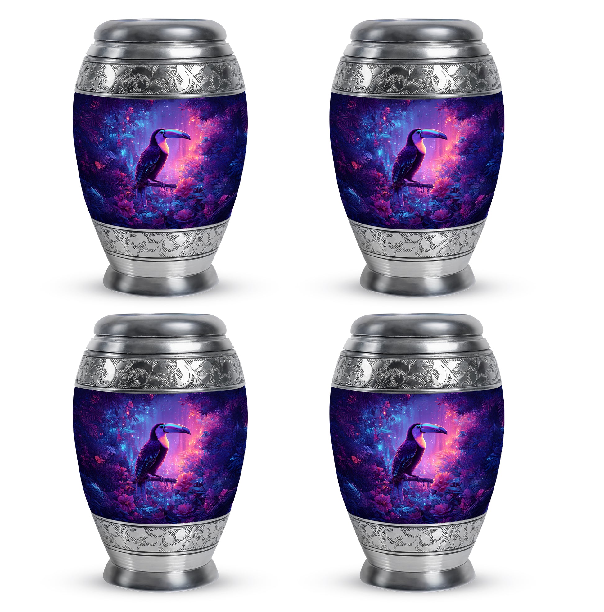 Cornflower Blue Hornbill Cremation Urn urn with complimentary velvet bag - majestic hornbill pattern with filigree border - 10 inch aluminum urn for cremated remains