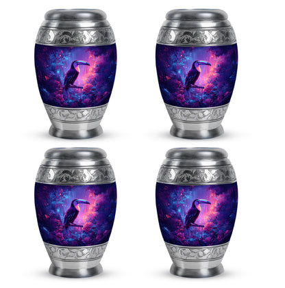 Cornflower Blue Hornbill Cremation Urn urn with complimentary velvet bag - majestic hornbill pattern with filigree border - 10 inch aluminum urn for cremated remains