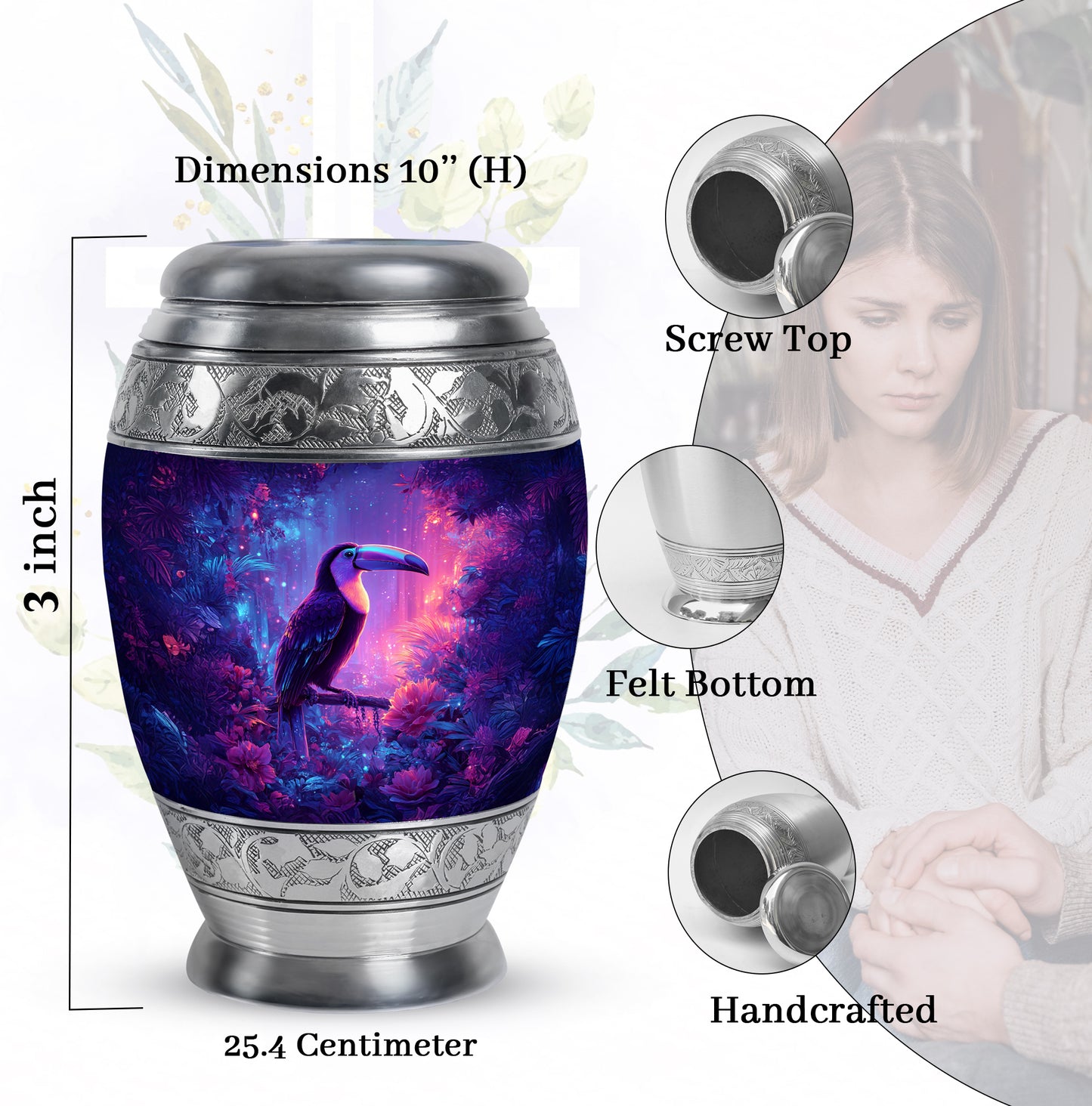 Bright Blue Hornbill Cremation Urn lifestyle display on memorial shelf - royal hornbill engraving with decorative scrollwork - mini keepsake memorial for portion of cremation ashes