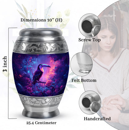 Bright Blue Hornbill Cremation Urn lifestyle display on memorial shelf - royal hornbill engraving with decorative scrollwork - mini keepsake memorial for portion of cremation ashes