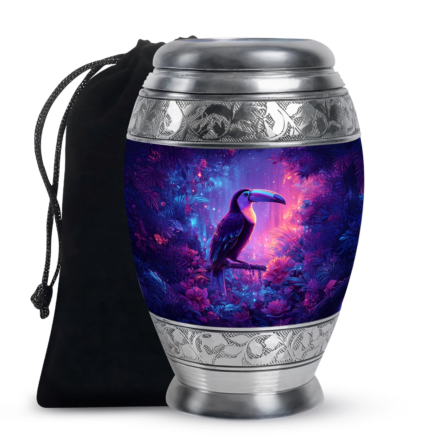 Icy Blue Hornbill Cremation Urn back view with polished surface - regal hornbill design with crown-inspired accents - full-size 10 inch 200 cubic inch adult cremation urn
