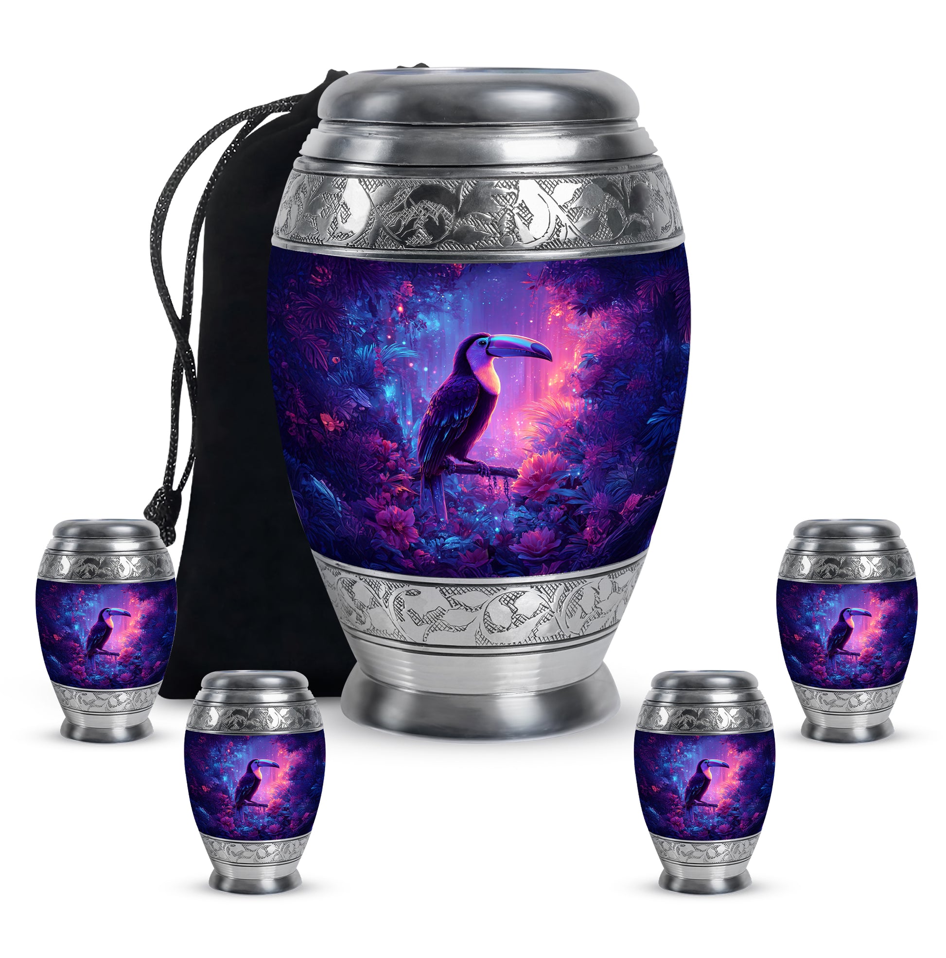 Misty Blue Hornbill Cremation Urn detail view - regal hornbill design with crown-inspired accents - memorial set with one large and four small urns