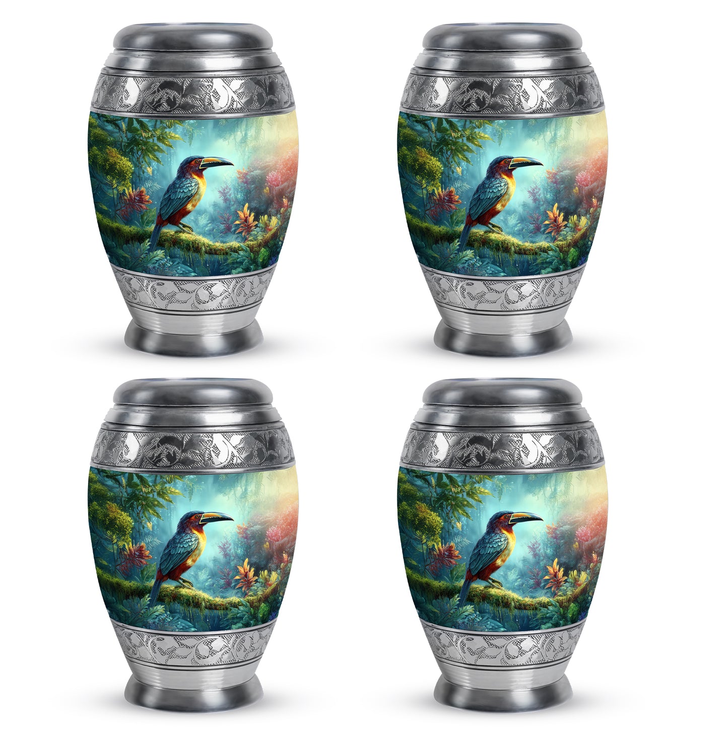 Vivid Teal Hornbill Cremation Urn urn with complimentary velvet bag - majestic hornbill pattern with filigree border - 10 inch aluminum urn for cremated remains