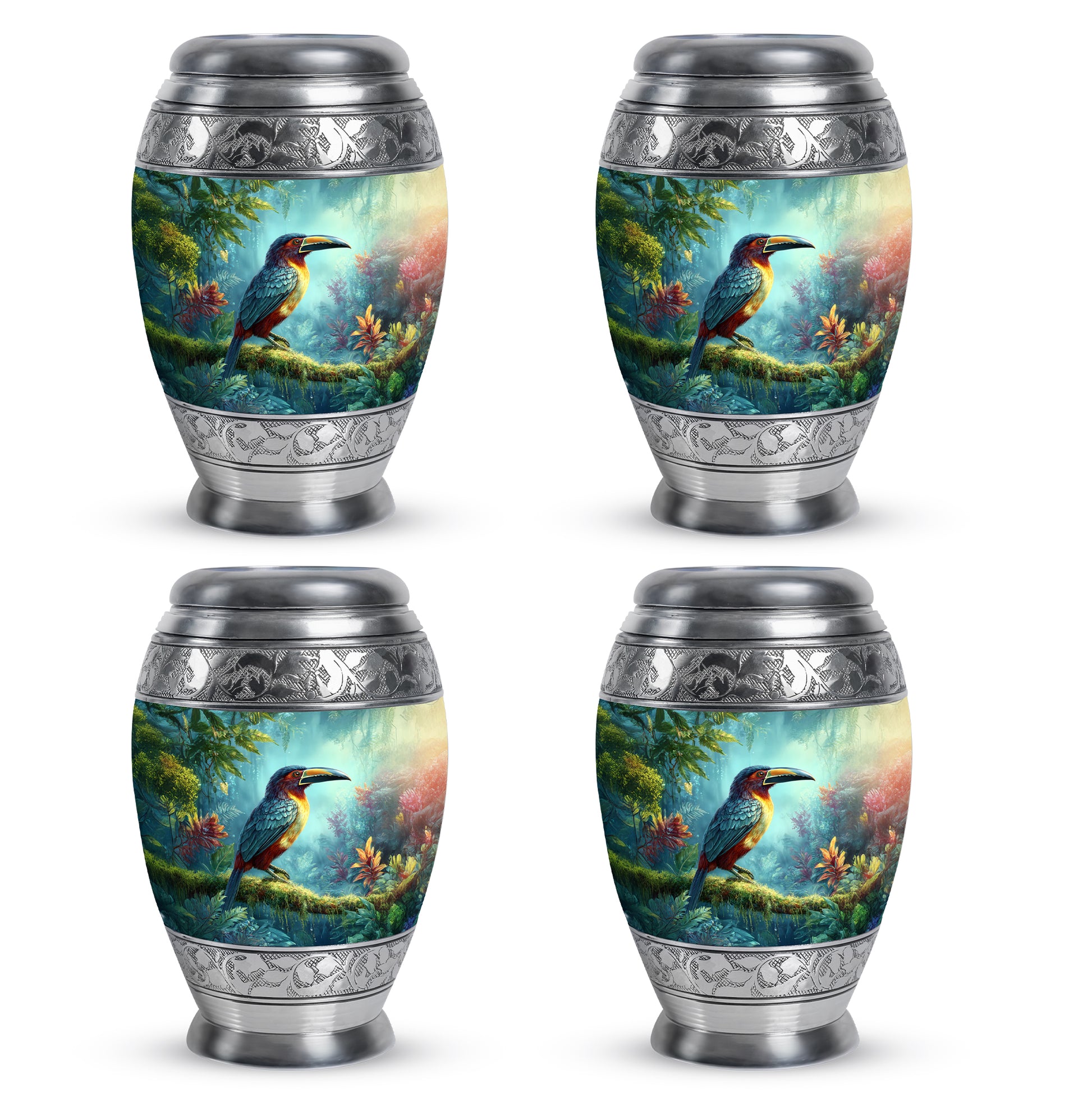 Vivid Teal Hornbill Cremation Urn urn with complimentary velvet bag - majestic hornbill pattern with filigree border - 10 inch aluminum urn for cremated remains
