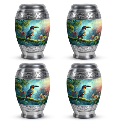 Vivid Teal Hornbill Cremation Urn urn with complimentary velvet bag - majestic hornbill pattern with filigree border - 10 inch aluminum urn for cremated remains