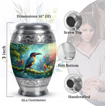 Ocean Teal Hornbill Cremation Urn lifestyle display on memorial shelf - regal hornbill design with crown-inspired accents - mini keepsake memorial for portion of cremation ashes