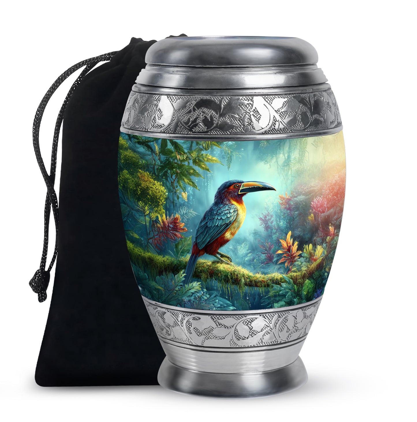 Jewel Teal Hornbill Cremation Urn back view with polished surface - ornate monarch-style hornbill relief on brushed aluminum - full-size 10 inch 200 cubic inch adult cremation urn