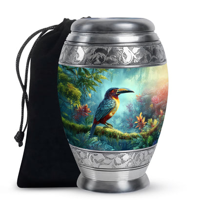 Jewel Teal Hornbill Cremation Urn back view with polished surface - ornate monarch-style hornbill relief on brushed aluminum - full-size 10 inch 200 cubic inch adult cremation urn