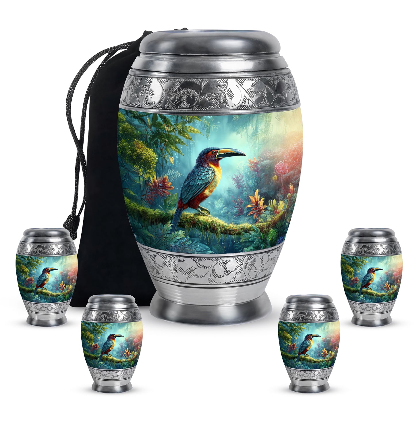 Jewel Teal Hornbill Cremation Urn detail view - regal hornbill design with crown-inspired accents - memorial set with one large and four small urns