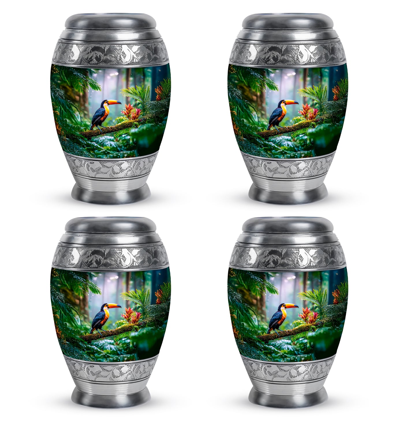 Emerald Green Hornbill Cremation Urn urn with complimentary velvet bag - ornate monarch-style hornbill relief on brushed aluminum - 10 inch aluminum urn for cremated remains