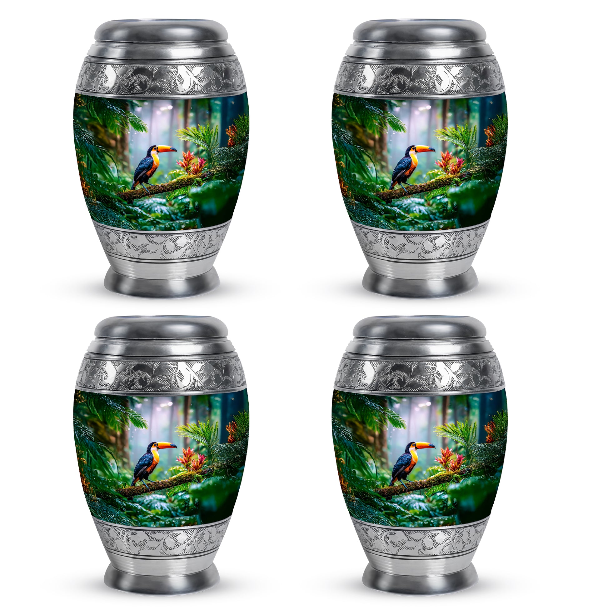 Emerald Green Hornbill Cremation Urn urn with complimentary velvet bag - ornate monarch-style hornbill relief on brushed aluminum - 10 inch aluminum urn for cremated remains