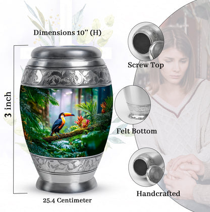 Pine Green Hornbill Cremation Urn lifestyle display on memorial shelf - majestic hornbill pattern with filigree border - mini keepsake memorial for portion of cremation ashes