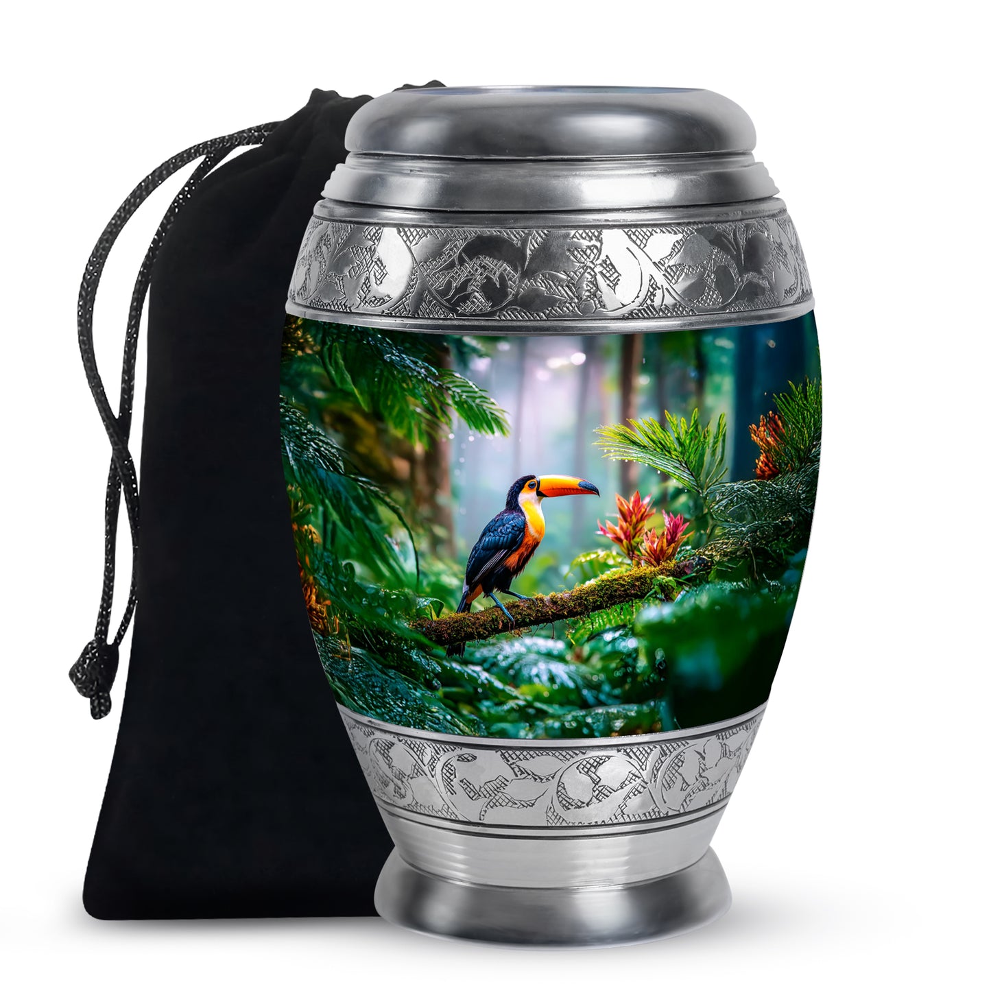 Emerald Green Hornbill Cremation Urn back view with polished surface - regal hornbill design with crown-inspired accents - full-size 10 inch 200 cubic inch adult cremation urn