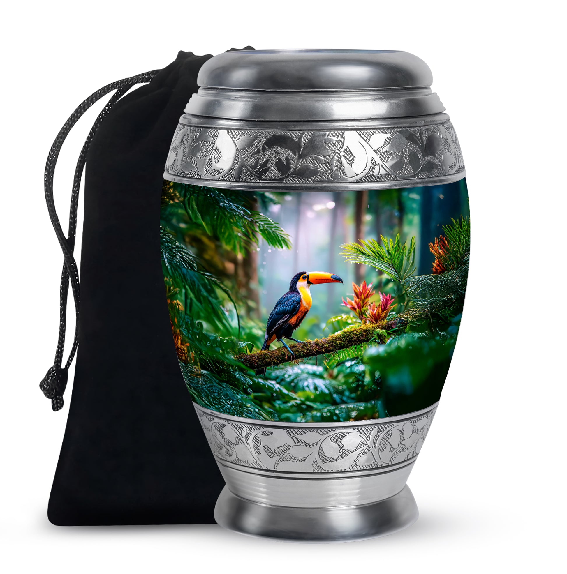 Emerald Green Hornbill Cremation Urn back view with polished surface - regal hornbill design with crown-inspired accents - full-size 10 inch 200 cubic inch adult cremation urn