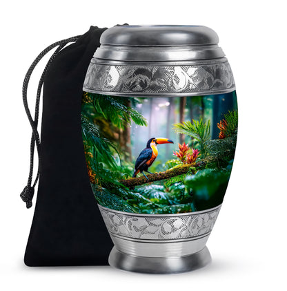 Emerald Green Hornbill Cremation Urn back view with polished surface - regal hornbill design with crown-inspired accents - full-size 10 inch 200 cubic inch adult cremation urn