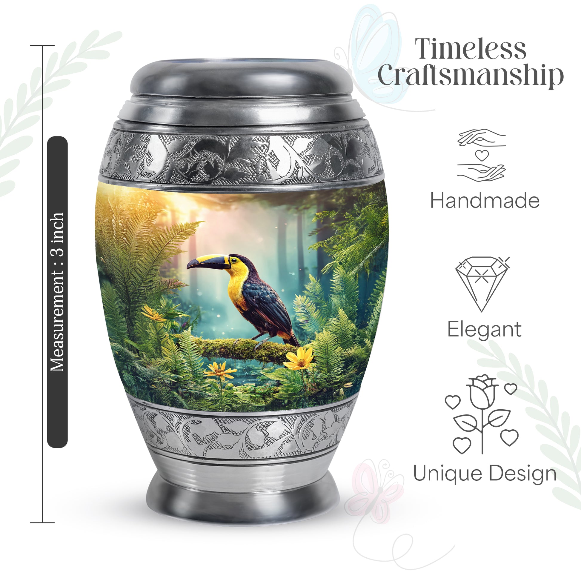 Warm Gold Hornbill Cremation Urn lifestyle display on memorial shelf - royal hornbill engraving with decorative scrollwork - mini keepsake memorial for portion of cremation ashes