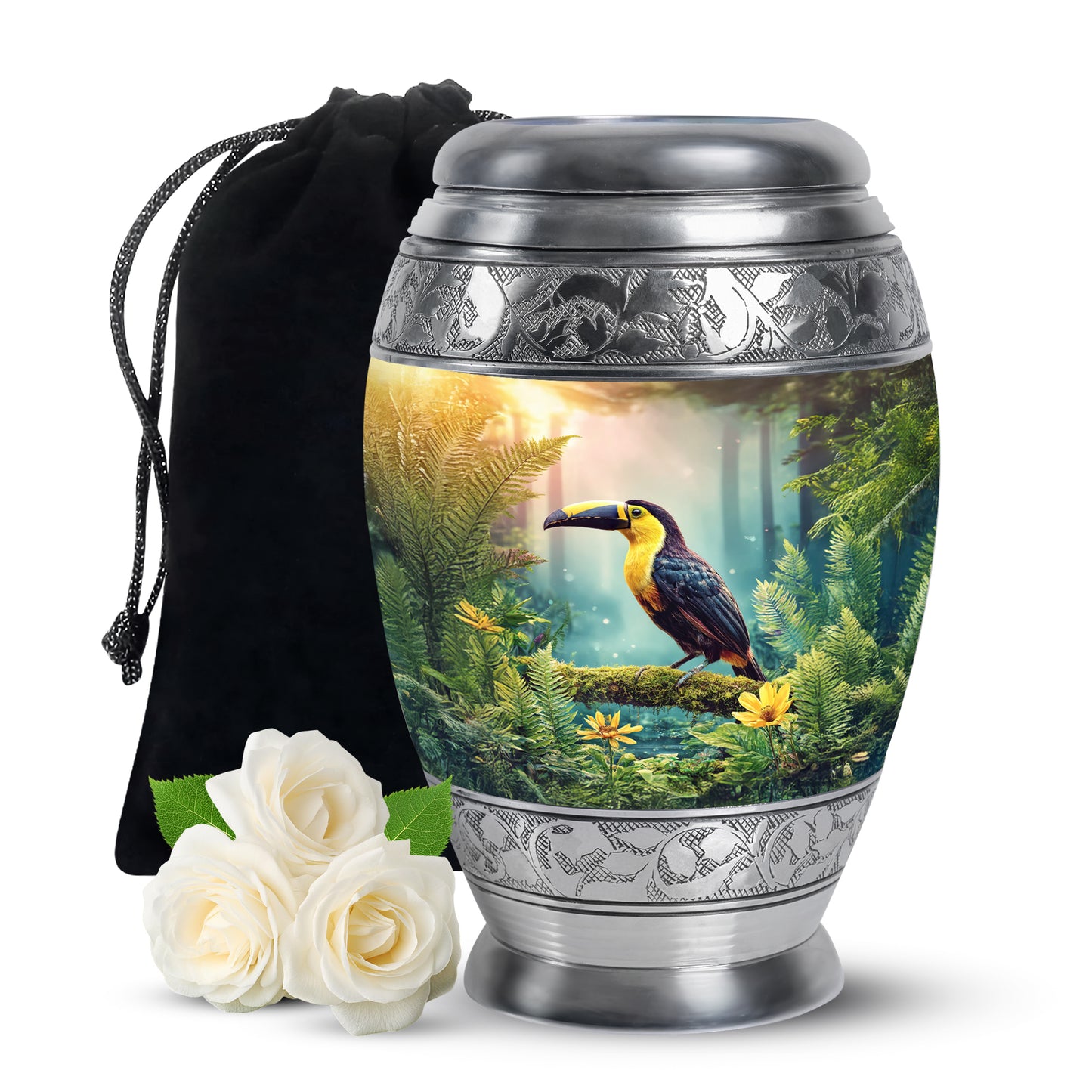 Sunrise Gold Hornbill Cremation Urn back view with polished surface - regal hornbill design with crown-inspired accents - full-size 10 inch 200 cubic inch adult cremation urn