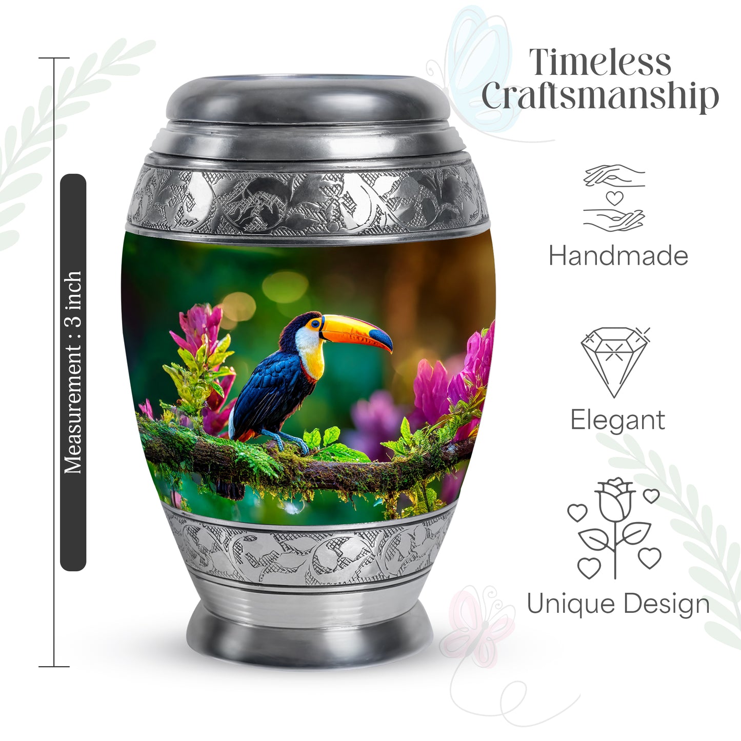 Warm Yellow Hornbill Cremation Urn lifestyle display on memorial shelf - regal hornbill design with crown-inspired accents - mini keepsake memorial for portion of cremation ashes