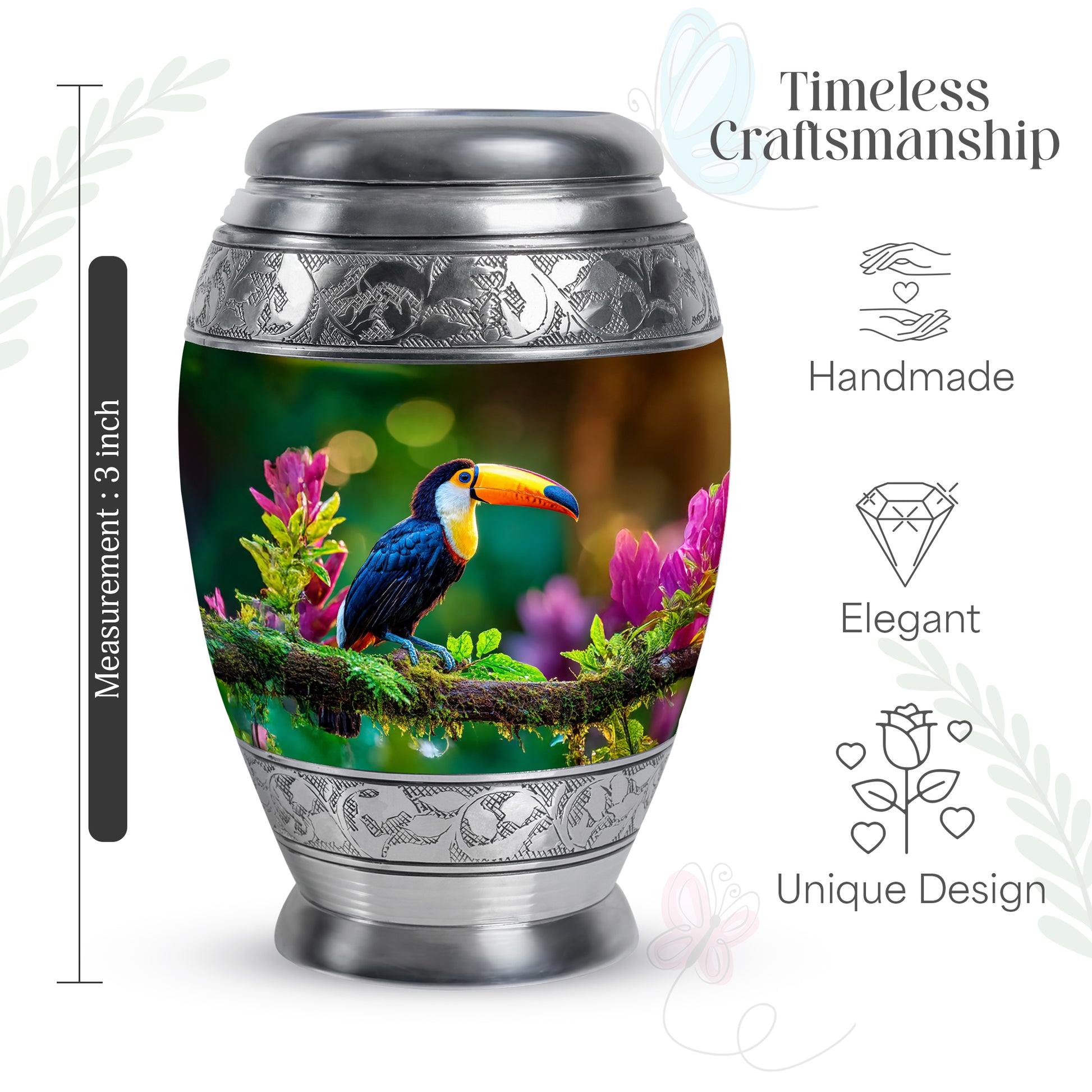 Warm Yellow Hornbill Cremation Urn lifestyle display on memorial shelf - regal hornbill design with crown-inspired accents - mini keepsake memorial for portion of cremation ashes