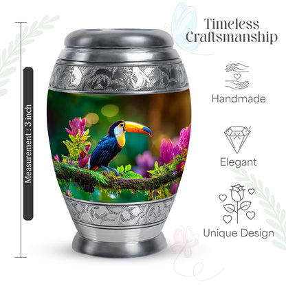 Warm Yellow Hornbill Cremation Urn lifestyle display on memorial shelf - regal hornbill design with crown-inspired accents - mini keepsake memorial for portion of cremation ashes